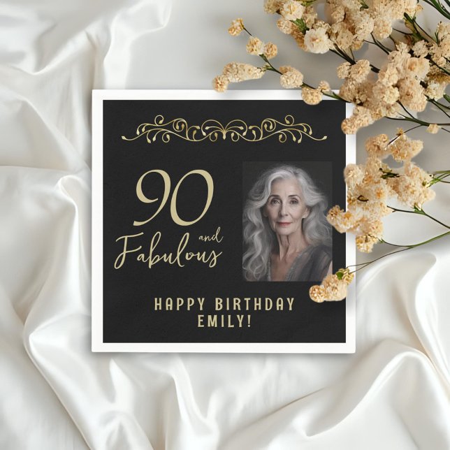 90 och Fabulous Guld Ornament 90:e Birthday Photo Pappersservett (Skapare uppladdad)