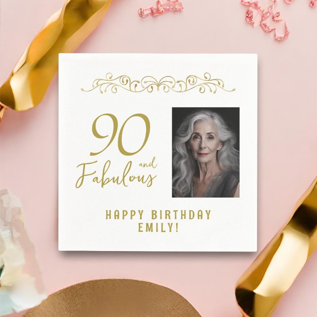 90 och Fabulous Guld Ornament 90:e Birthday Photo Pappersservett (Skapare uppladdad)