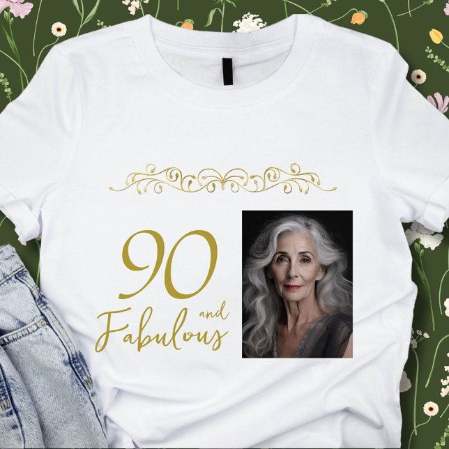 90 och Fabulous Guld Ornament 90:e Birthday Photo T Shirt (Skapare uppladdad)
