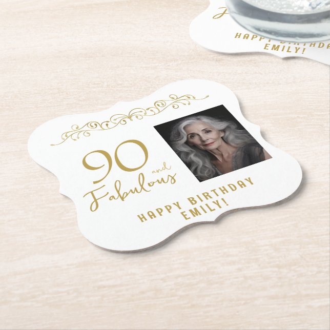 90 och Fabulous Guld Ornament 90:e Birthday Photo Underlägg Papper (Vinklad)