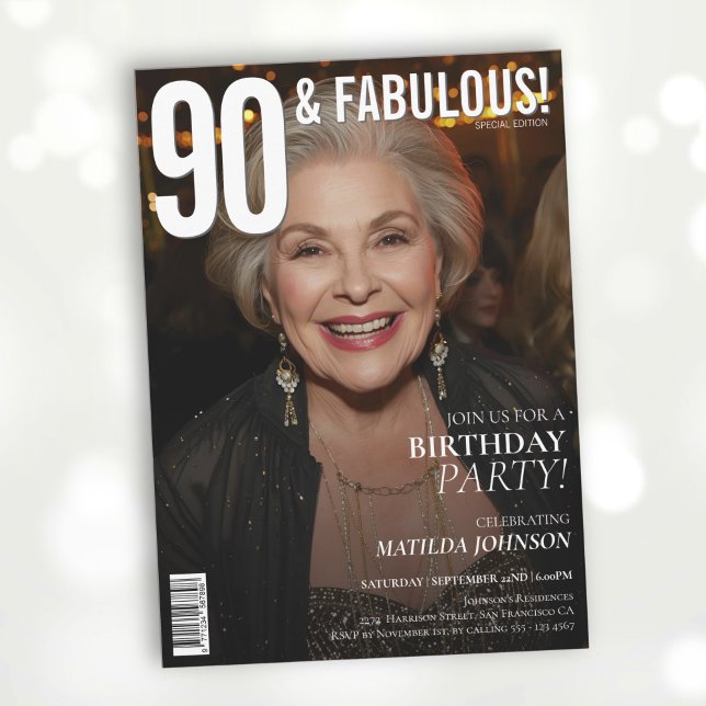 90 och Fabulous Magazine Cover 90:e Birthday Inbjudningar (90 and Fabulous Magazine Cover 90th Birthday Invitation)