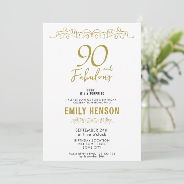 90 och fantastisk gul ornament 90-årsdag  inbjudningar (Stående Fram)