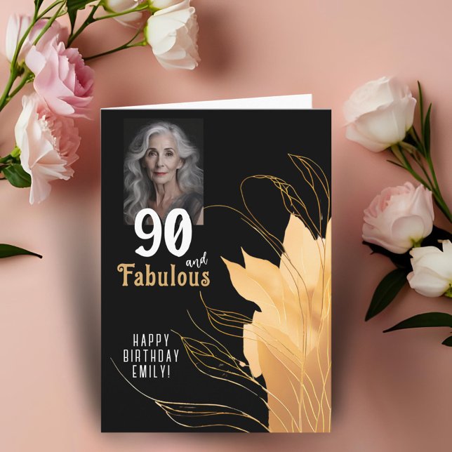 90 och fantastisk guldbladig 90-års födelsedagsfot kort (Skapare uppladdad)