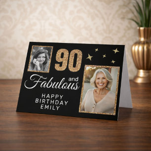 90 och fantastisk guldglitter 2 foto 90-årsdag kort