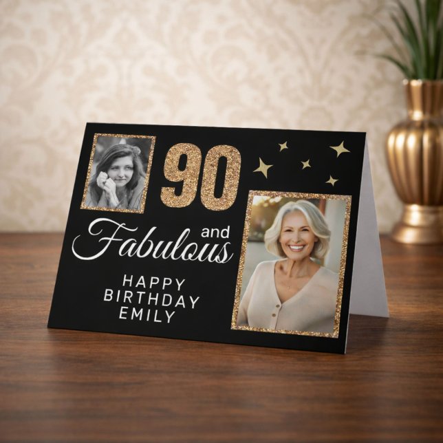 90 och fantastisk guldglitter 2 foto 90-årsdag kort (Skapare uppladdad)