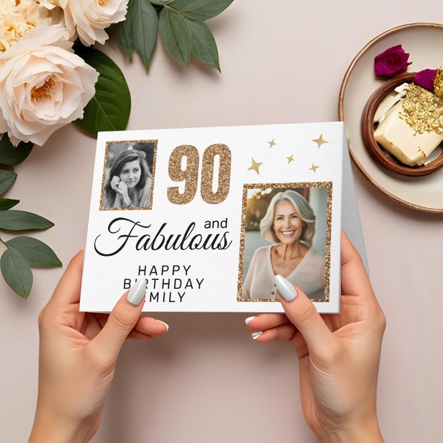 90 och fantastisk guldglitter 2 foto 90-årsdag kort (Skapare uppladdad)