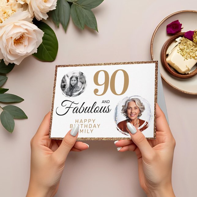 90 och fantastisk guldglitter 2 foto 90-årsdag kort (Skapare uppladdad)
