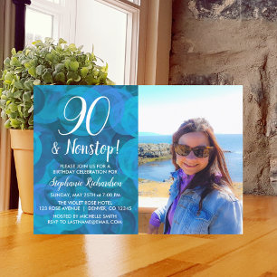 90 och icke-stop Ocean Blue Photo Birthday Inbjudningar
