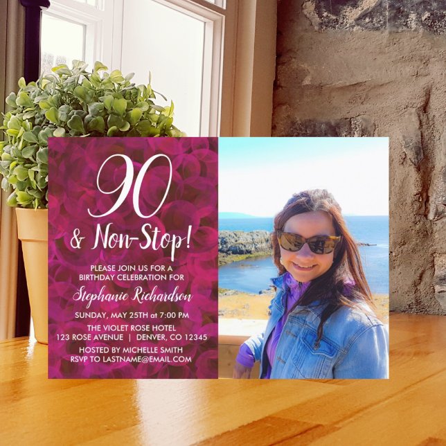 90 och icke-Stop Röd ros Photo Födelsedagsfest Inbjudningar (Skapare uppladdad)