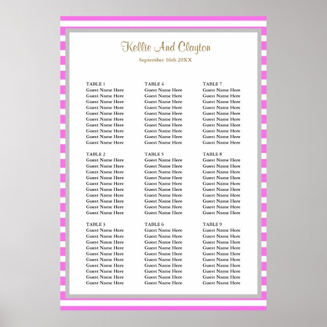 90 Rosa/vit sittplatsplan för Bröllop med ram Rand Poster (Framsidan)