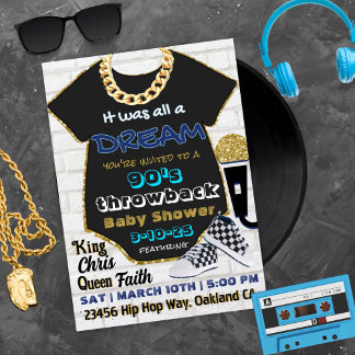 90:s Hip hop Blue- och Guld Old school Baby Shower Inbjudningar