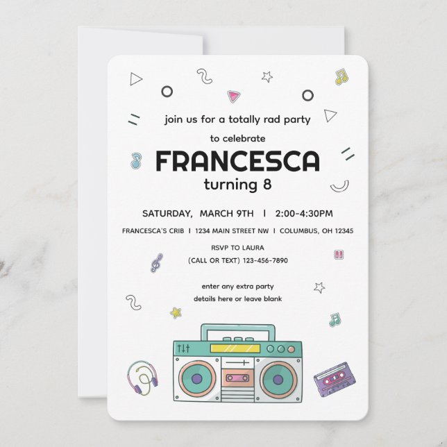 90:s totala minneshögtid på musiktema på födelseda inbjudningar (Framsida)