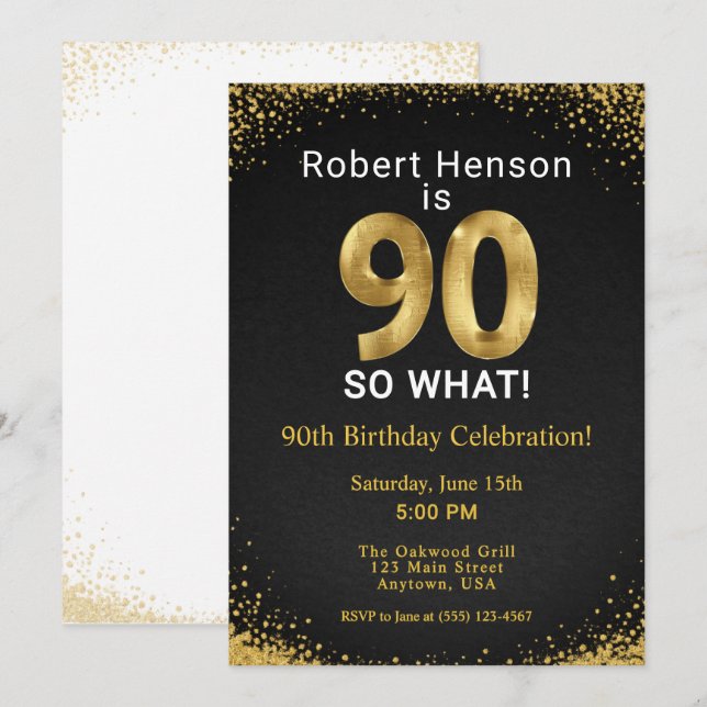 90 So What! Svart Guld 90-årsfirande Inbjudningar (Fram/baksida)