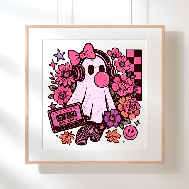 90-tal Bubblegum Aesthetic Retro Ghost Girl Hallow Poster (This ghost girl design mixes 90s aesthetic nostalgia with playful Halloween charm.)