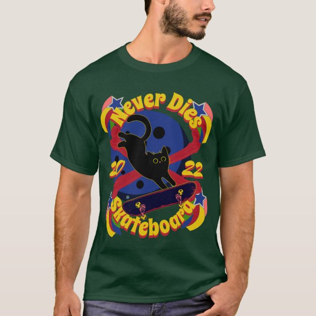 90-tal, skateboard-katt, skateboard dör aldrig t shirt (Framsida)