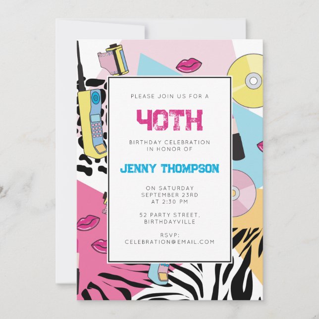 90-talets färgglada retro födelsedagsfest på 1990- inbjudningar (Framsida)