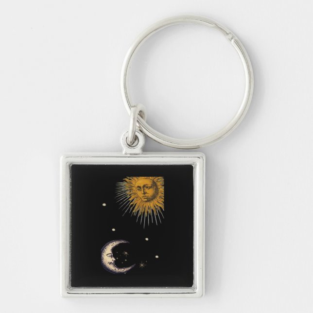90-talets sol och Måne Whimsigoth Design Fyrkantig Silverfärgad Nyckelring (Framsidan)