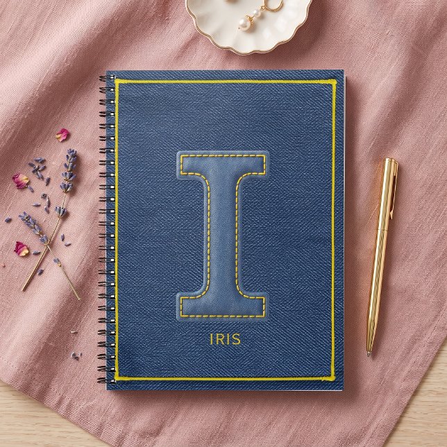 90-tals blå denim gul söm Monogram Initial I Anteckningsbok (Skapare uppladdad)