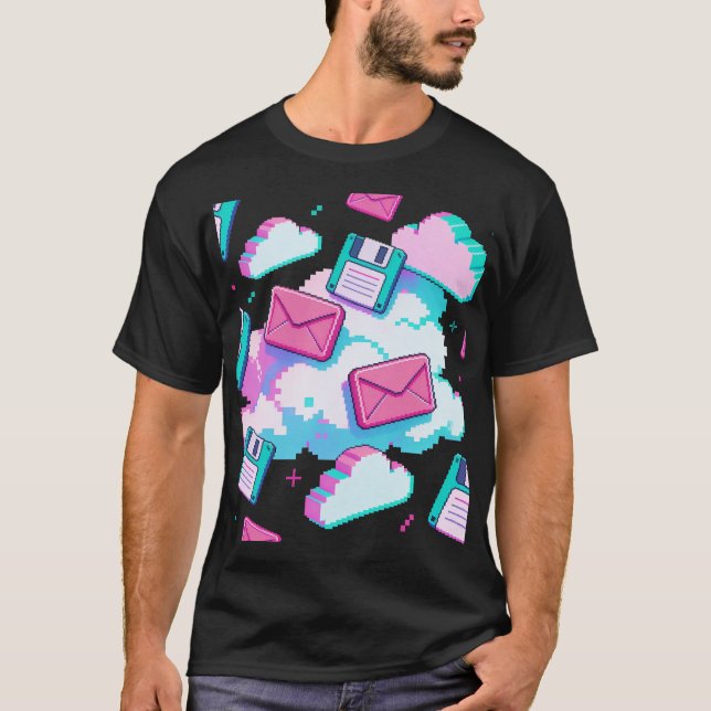 90-tals Vaporwave Diskett & Pixel Moln Y2K T Shirt (Framsida)