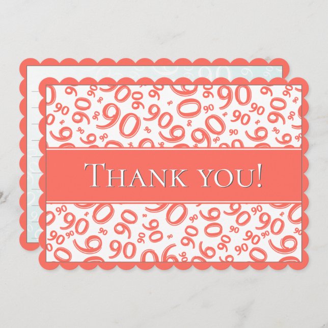 90 "Thank you!" Coral/White Number Pattern Tack Kort (Fram/baksida)