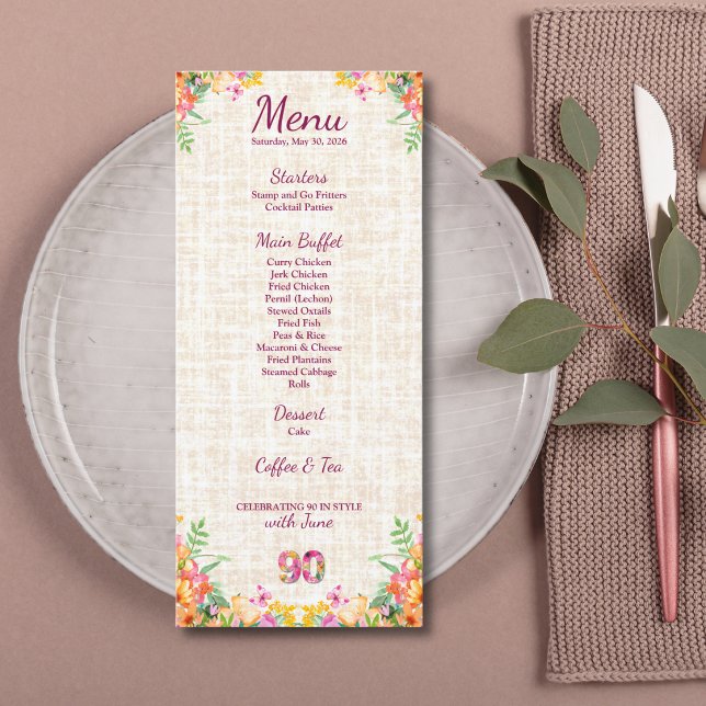 90 Years Flowers Floral 90th Birthday Linen Menu Meny (Skapare uppladdad)