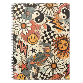90s Happy Faces Sun Flowers Pattern Anteckningsbok