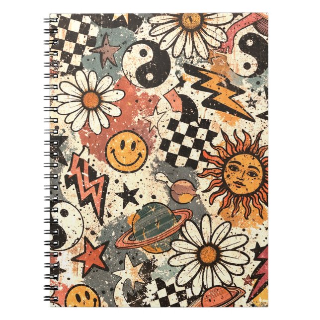 90s Happy Faces Sun Flowers Pattern Anteckningsbok (Framsidan)