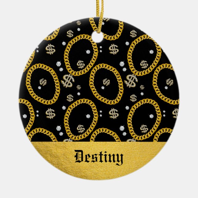  90's Hip Hop Rap Music Gold Cuban Link Chain Julgransprydnad Keramik (Framsidan)