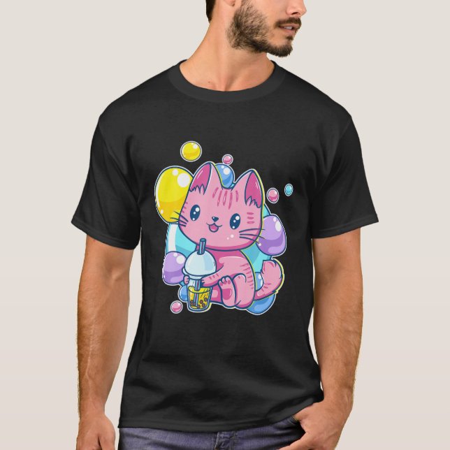 90S Kawaii Rosa Pastel Chibi Katt Drinking B T Shirt (Framsida)