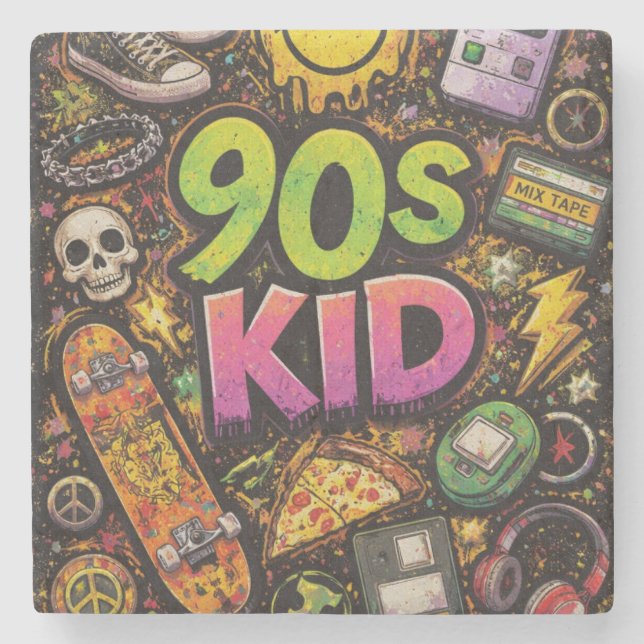 90s Kids Grunge Seamless Pattern: Pizza, Skeletons Stenunderlägg (Framsidan)