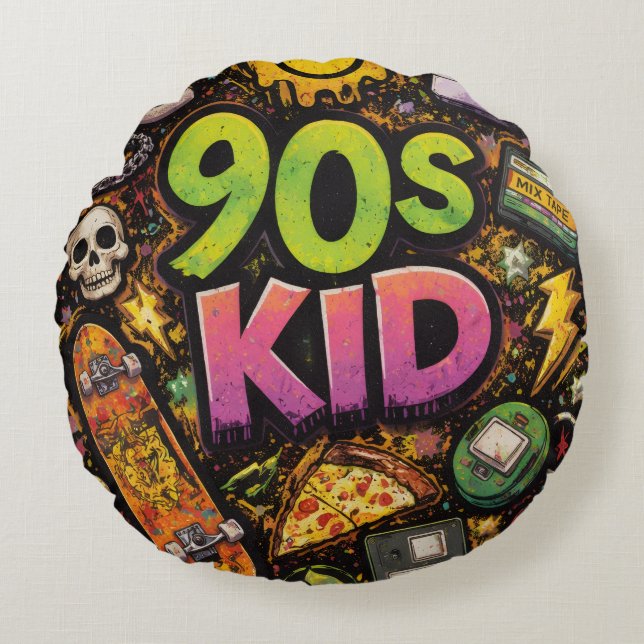 90s Kids Retro Pizza Fun Pattern Rund Kudde (Framsidan)