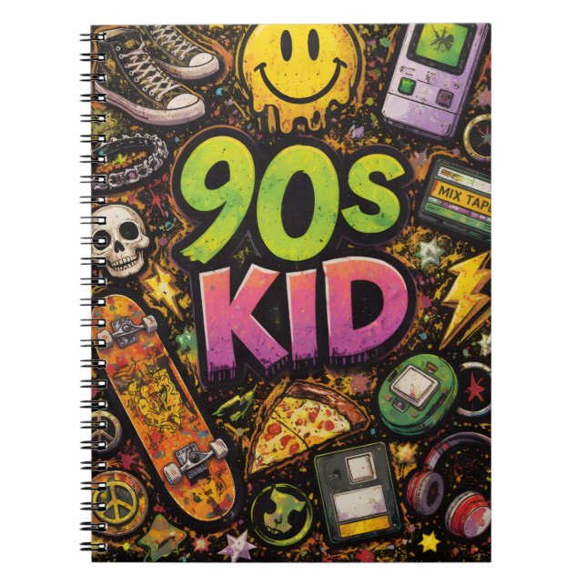 90s Kids Retro Pizza Smiley Face Flower Design Anteckningsbok (Framsidan)