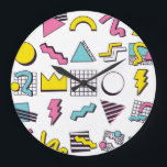 90's Memphis: Pop Design Inslag. Stor Klocka<br><div class="desc">90:s Pop Memphis Design Inslag Retro 90's Pop Memphis inslag, en levande och färgstark uppsättning former och stil. Sten på 90-talet med Memphis dekor Inslag! Retroformer och färg skapar en pulserande geometrisk dans. 90-tal, inslag, retro, 80-tal, dekoration, form, mönster, popo, illustration, memphis, 1990-talet, 1980, grid, stil, triangel, modern, fyrkant, vintage,...</div>