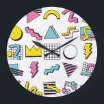 90's Memphis: Pop Design Inslag. Stor Klocka<br><div class="desc">90:s Pop Memphis Design Inslag Retro 90's Pop Memphis inslag, en levande och färgstark uppsättning former och stil. Sten på 90-talet med Memphis dekor Inslag! Retroformer och färg skapar en pulserande geometrisk dans. 90-tal, inslag, retro, 80-tal, dekoration, form, mönster, popo, illustration, memphis, 1990-talet, 1980, grid, stil, triangel, modern, fyrkant, vintage,...</div>