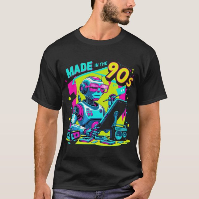90s Neon Robot Designer Retro T-Shirt (Framsida)