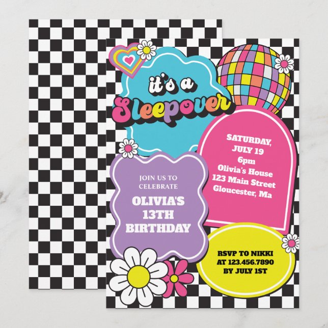 90s Retro Sleepover Birthday Inbjudningar (Fram/baksida)