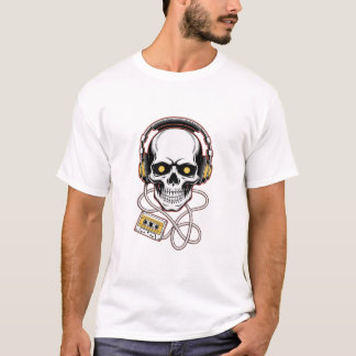 90s Tribal Skull with Headphones – High-Contrast V T Shirt