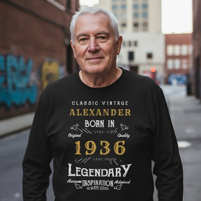 90th Birthday 1936 Add Name Black Gold Legendary T Shirt (Born 1936 birthday long sleeve T-shirt. Background out of focus.)