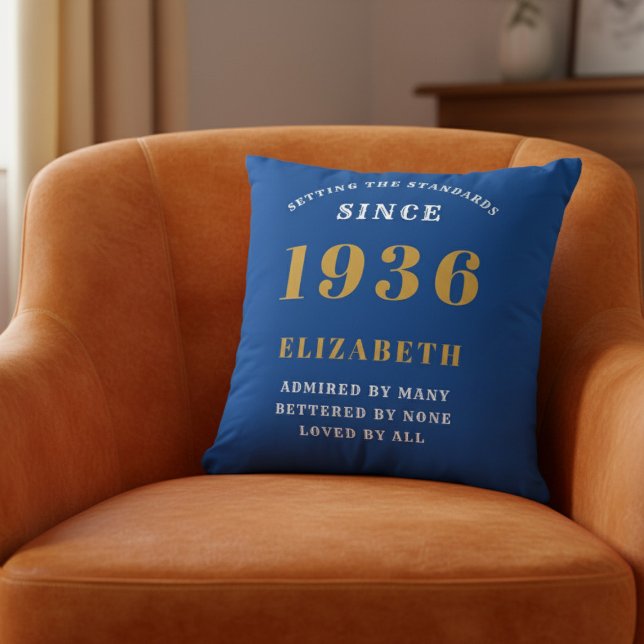 90th Birthday 1936 Add Name Blue Gold Personalized Kudde (1936 blue cushion on orange chair)