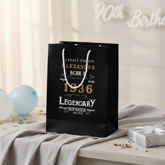 90th Birthday 1936 Add Name Legend Black Gold (Born 1936 birthday gift bag. Background out of focus.)