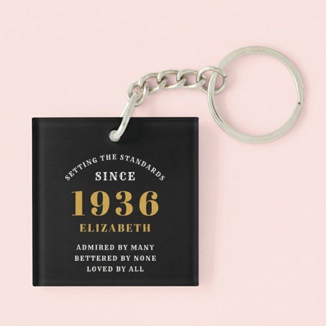 90th Birthday 1936 Black Gold For Her Personalized (Born 1936 birthday keychain. Pastel background.)