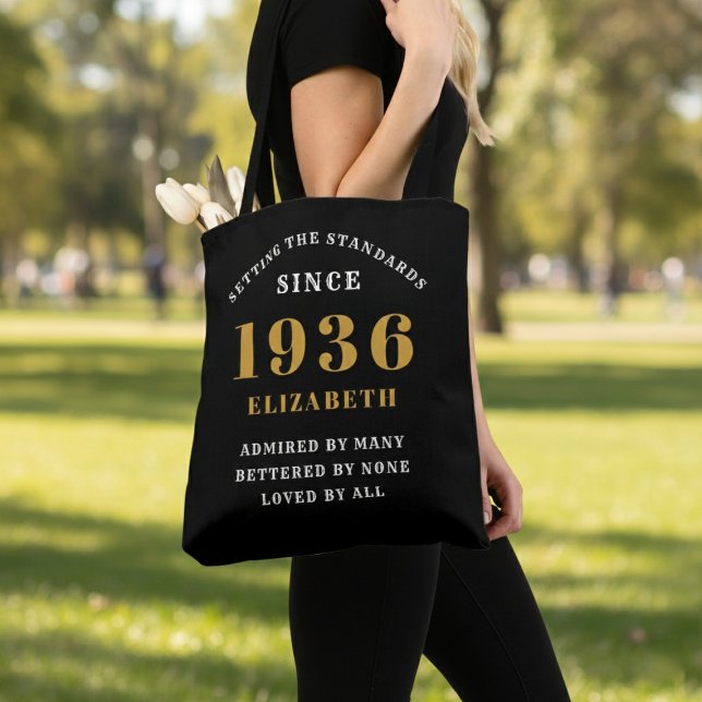90th Birthday 1936 Black Gold For Her Personalized Tygkasse (Born 1936 birthday tote bag. Background out of focus.)
