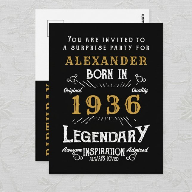 90th Birthday 1936 Black Gold Legend Invitation Vykort (1936 birthday invitation postcard. Background white lace.)