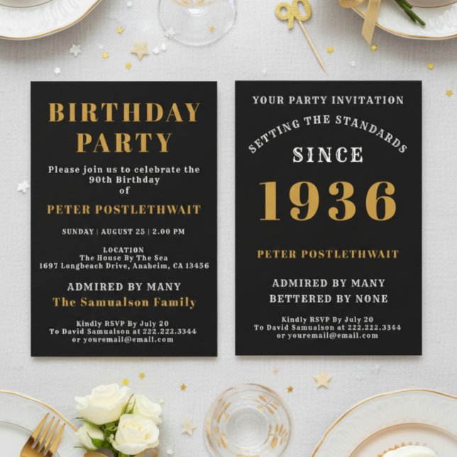 90th Birthday 1936 Black Gold Personalized For Him Inbjudningar (1936 invitation. White background.)
