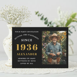 90th Birthday 1936 Black Gold Personalized Photo Inbjudningar