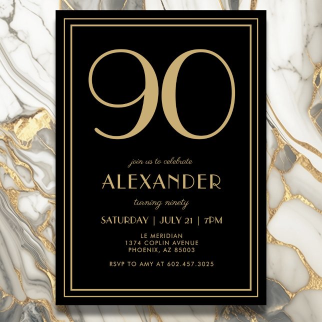90th Birthday Black and Gold Modern Minimal Adult Inbjudningar (Elegant black and gold 90th birthday invitation design for him or her.)