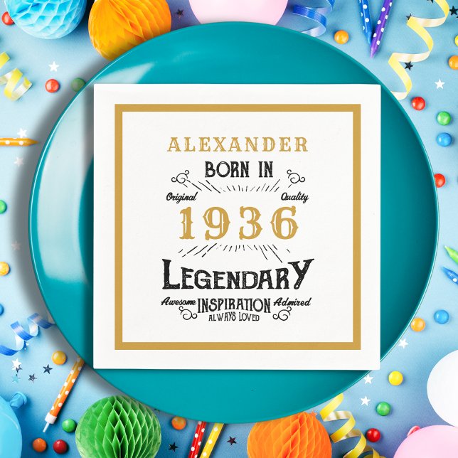 90th Birthday Born 1936 White Gold Legend Pappersservett (Born 1936 Napkin on a blue plate.)