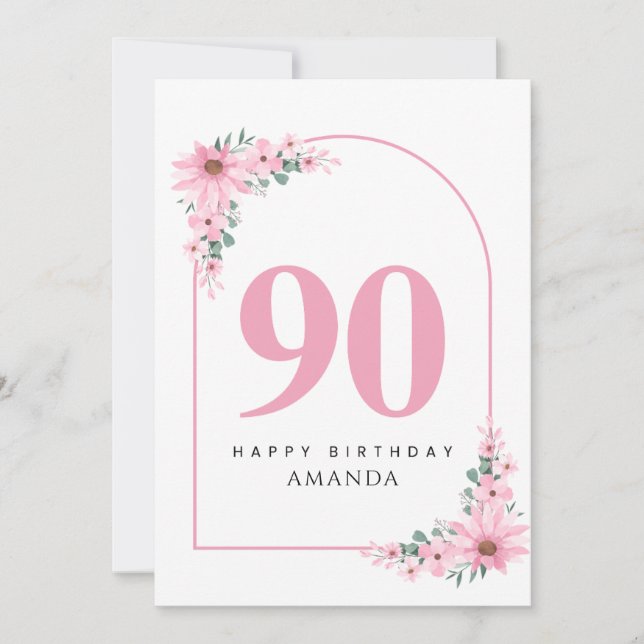 90th Birthday Card For Women Pink Flower Kort (Framsida)