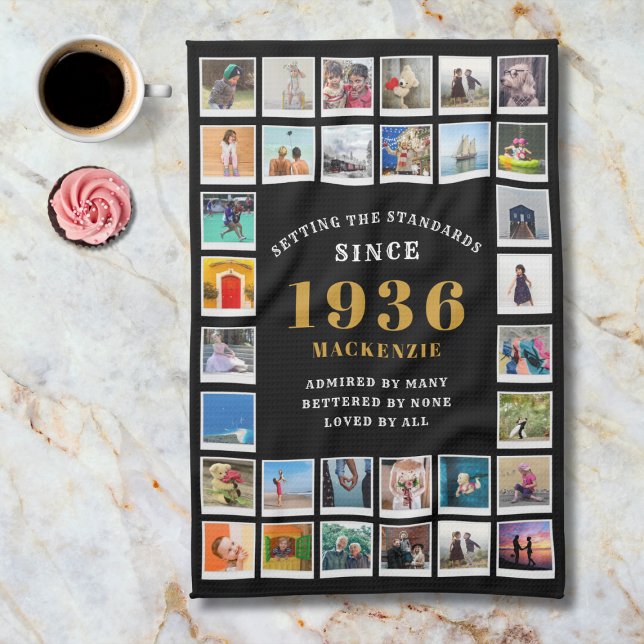 90th Birthday Family Memories Photo Collage  Kökshandduk (1936 tea towel. Background marble worktop.)