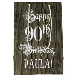 90th Birthday: Fancy, Faux Wood Look + Custom Name